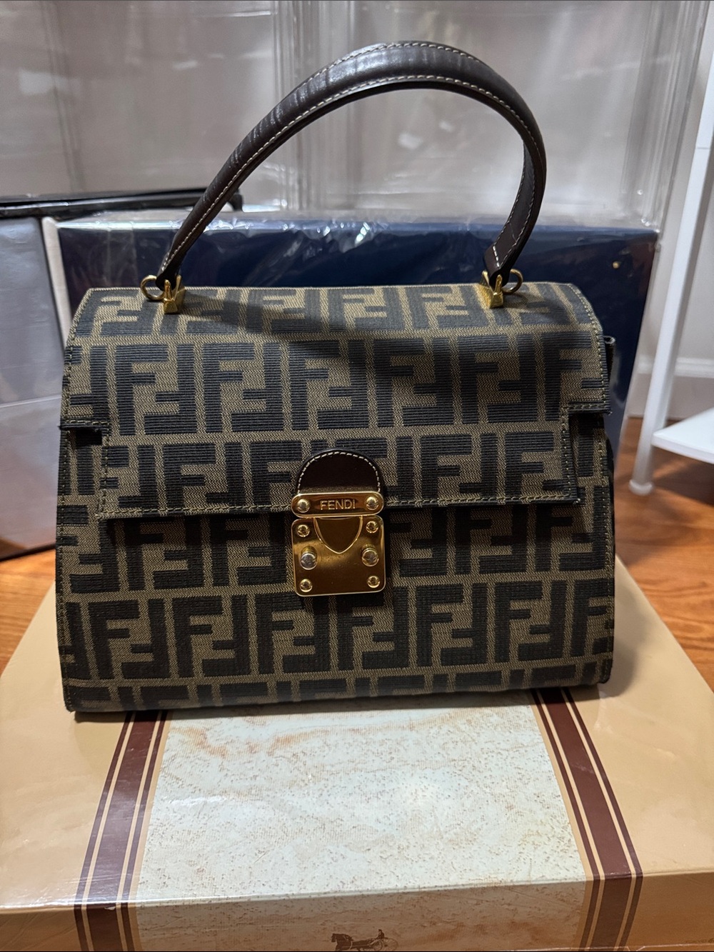 Fendi Brown and Black FF Canvas Satchel with Gold Hardware